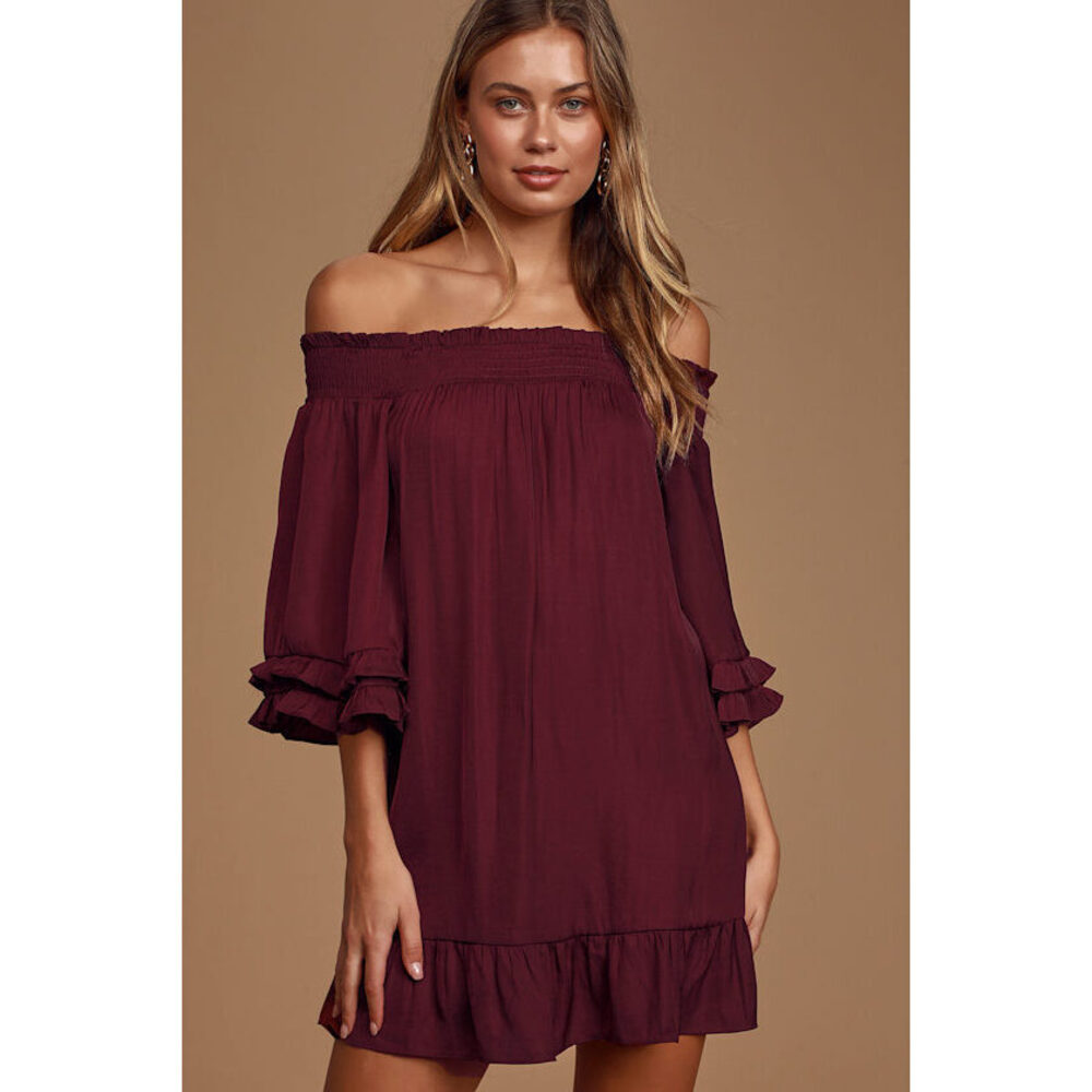 Lulus Dazzling Experience Burgundy Satin Off-the-shoulder Swing Dress Red